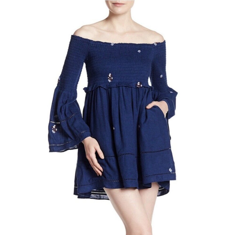 NWT Free People Counting Daisies Navy Blue Smocked Embroidered Mini Dress Small
